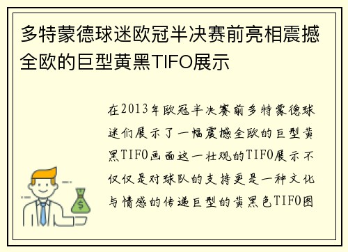 多特蒙德球迷欧冠半决赛前亮相震撼全欧的巨型黄黑TIFO展示